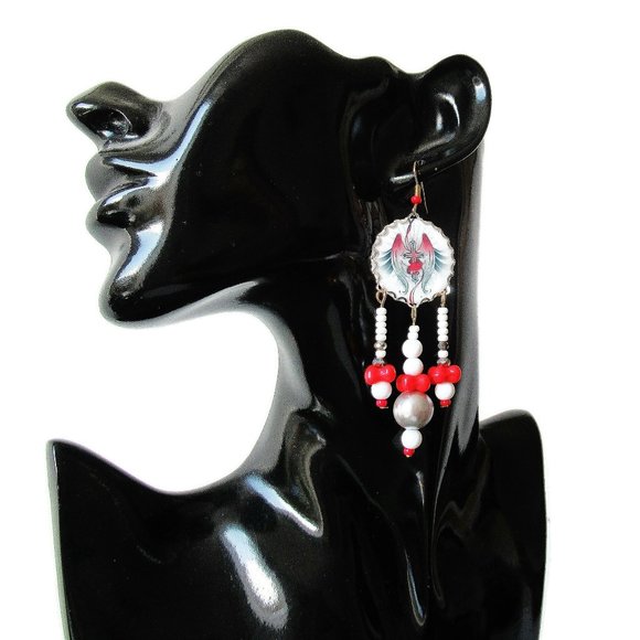 Red White Grey Goth Earrings Handmade Red Wings & Crucifix Gothic Style - Picture 8 of 8